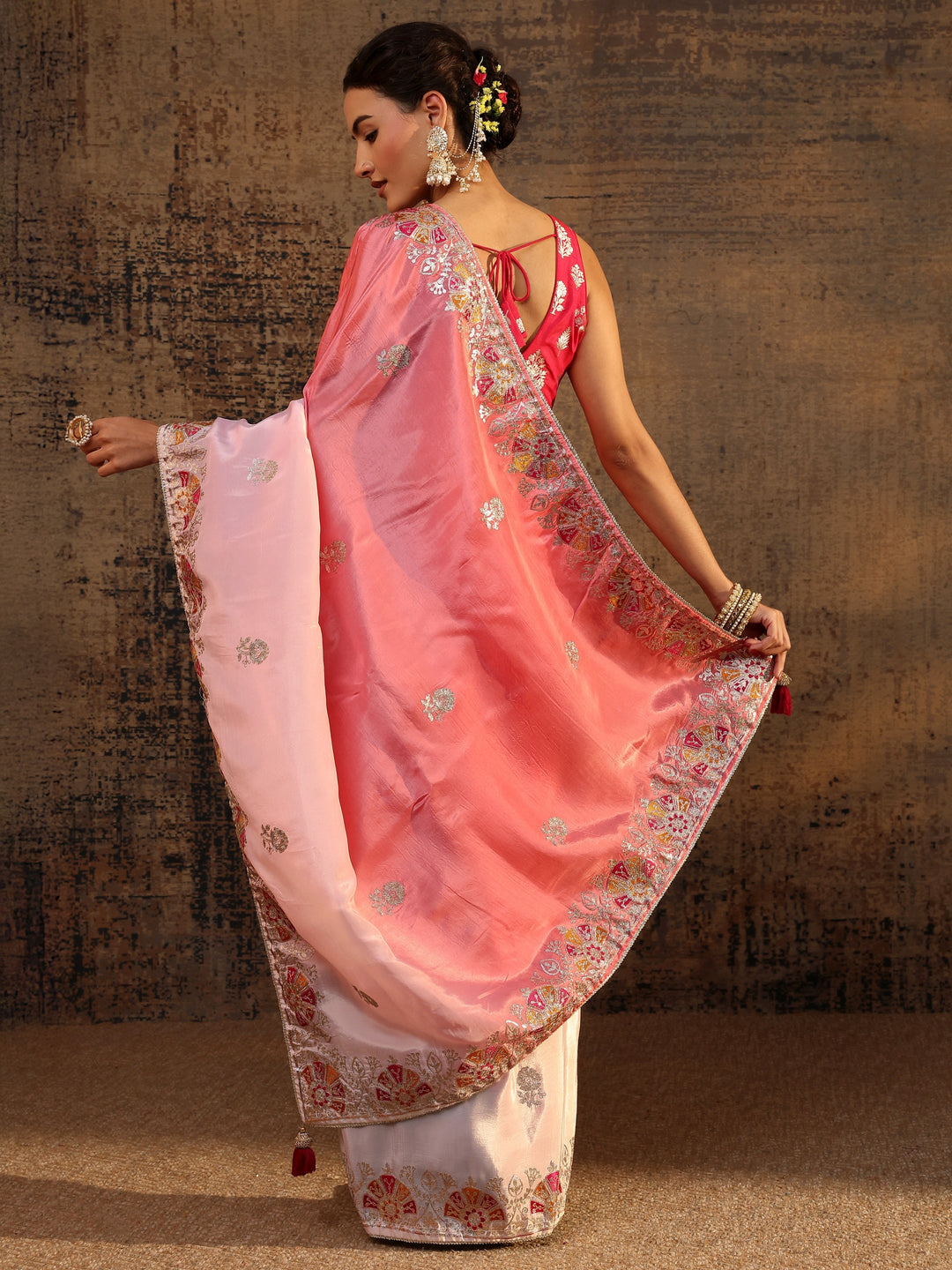 Coral Floral Embroidered Tissue Saree With Unstitched Blouse Piece