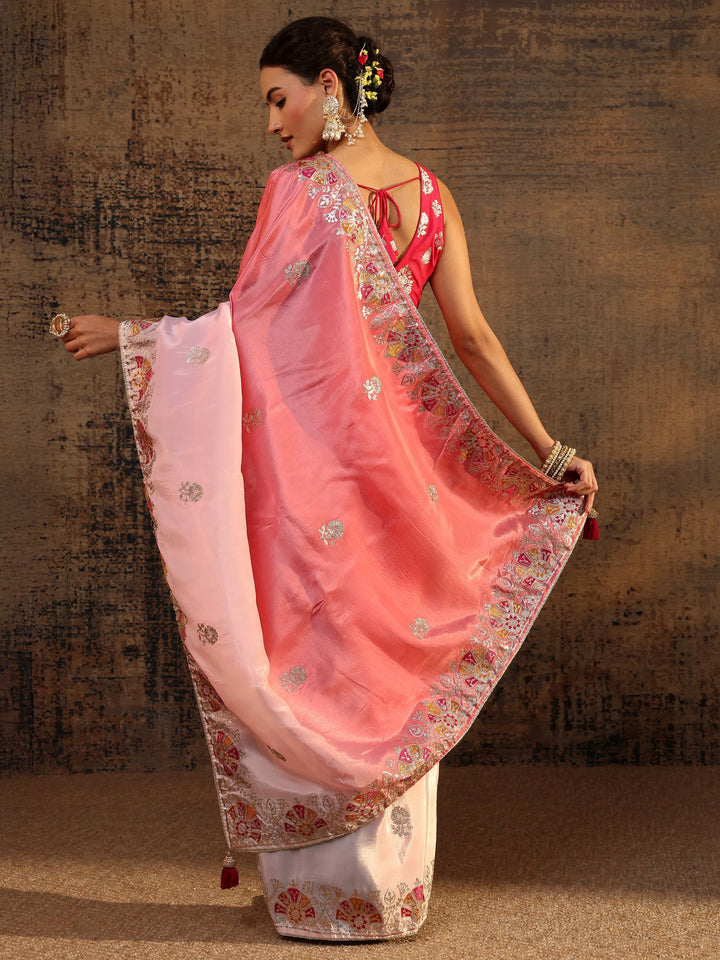 Coral Floral Embroidered Tissue Saree With Unstitched Blouse Piece