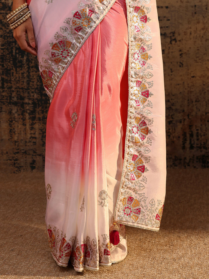 Coral Floral Embroidered Tissue Saree With Unstitched Blouse Piece