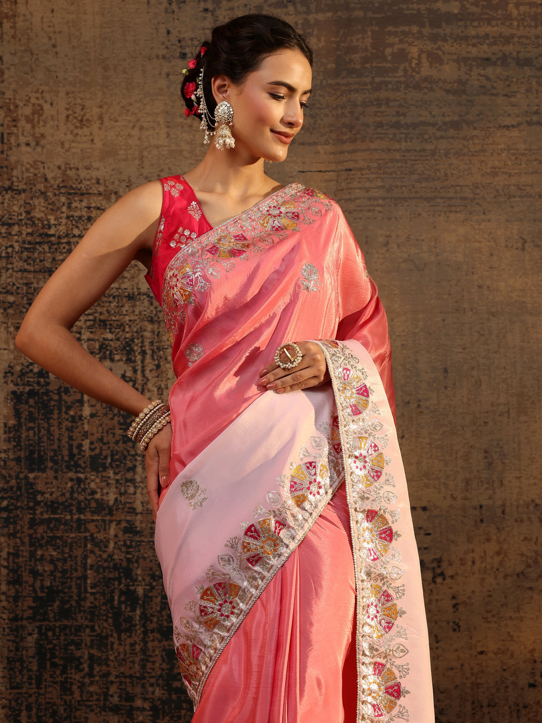 Coral Floral Embroidered Tissue Saree With Unstitched Blouse Piece