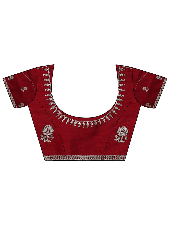 Coral Floral Embroidered Tissue Saree With Unstitched Blouse Piece