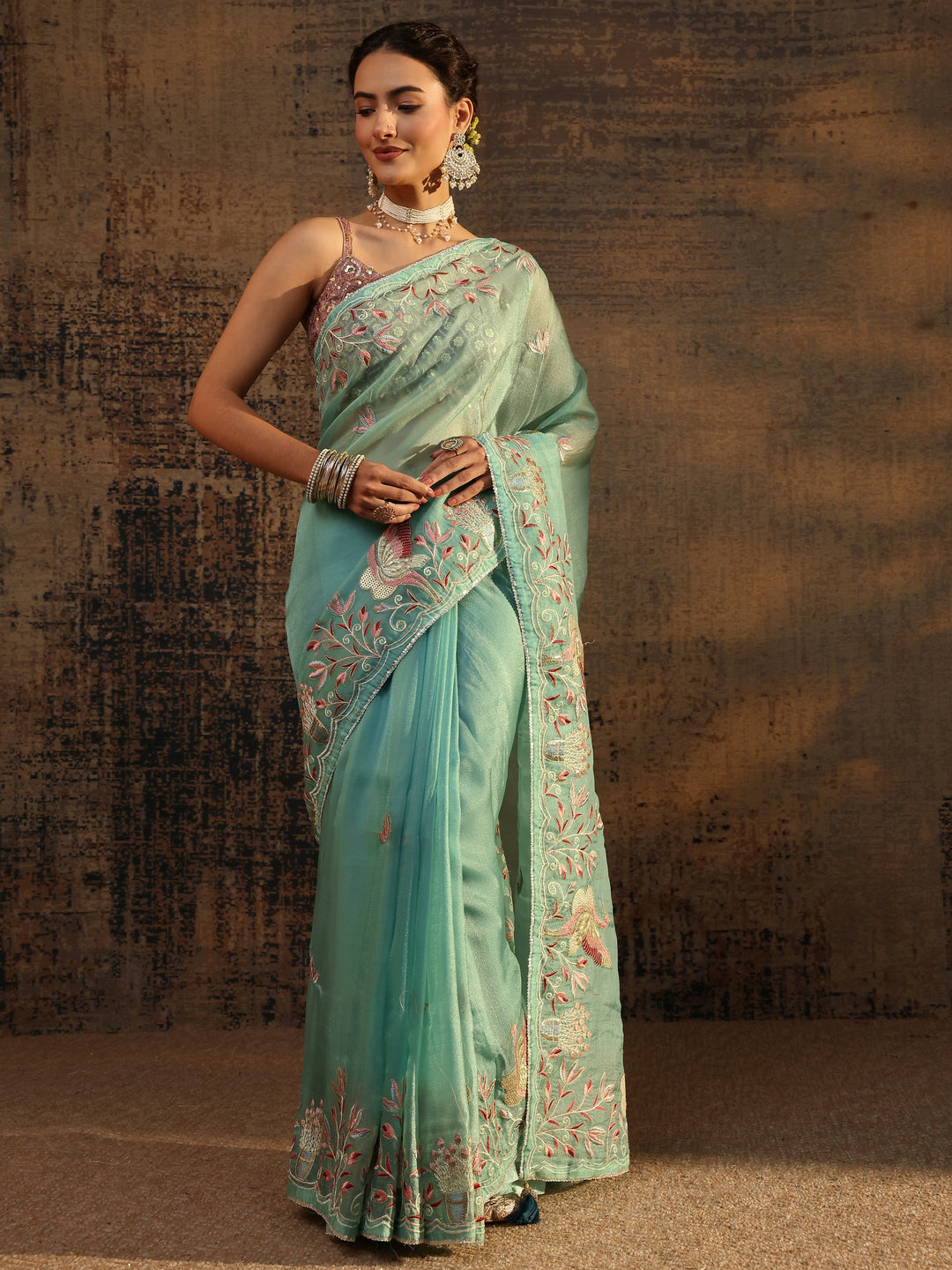 Blue Floral Embroidered Tissue Saree With Unstitched Blouse Piece