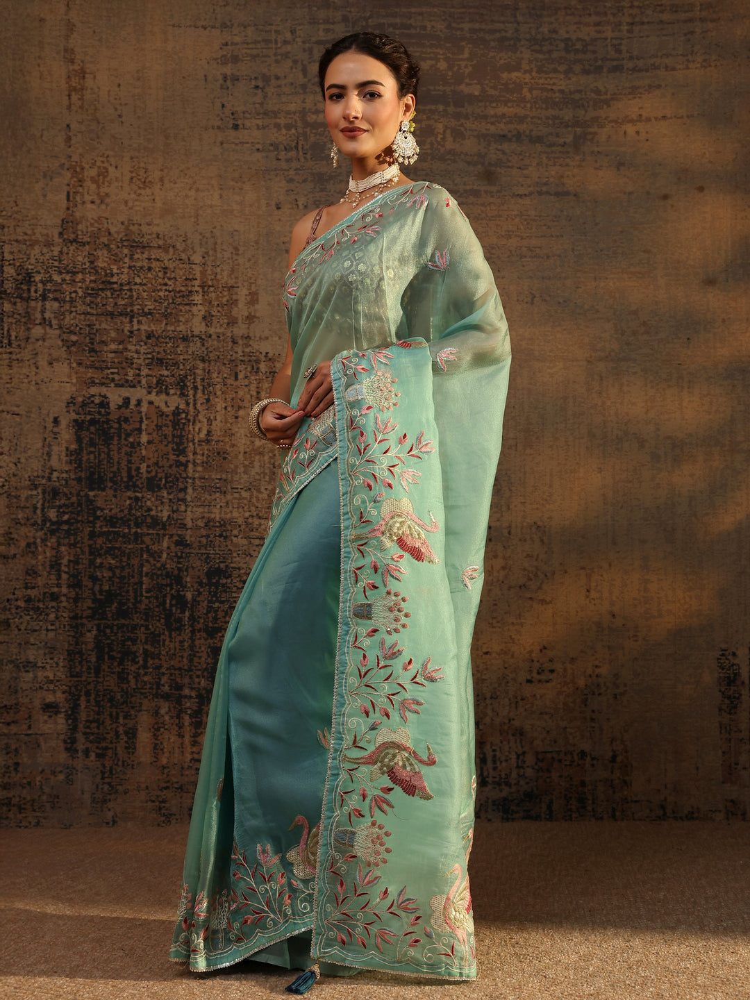 Blue Floral Embroidered Tissue Saree With Unstitched Blouse Piece