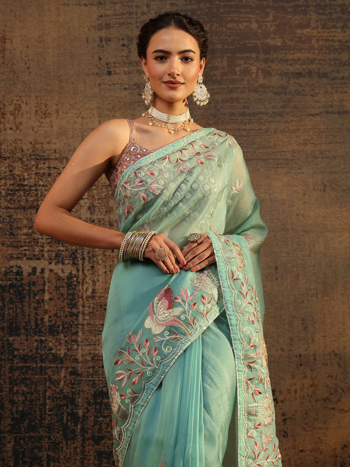 Blue Floral Embroidered Tissue Saree With Unstitched Blouse Piece
