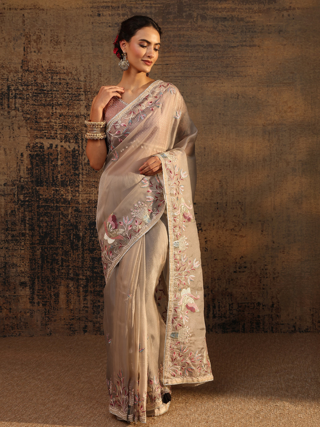 Libas Taupe Floral Embroidered Organza Saree With Unstitched Blouse Piece
