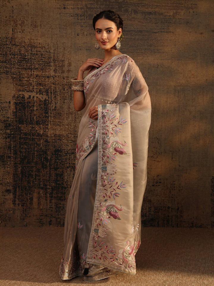 Libas Taupe Floral Embroidered Organza Saree With Unstitched Blouse Piece