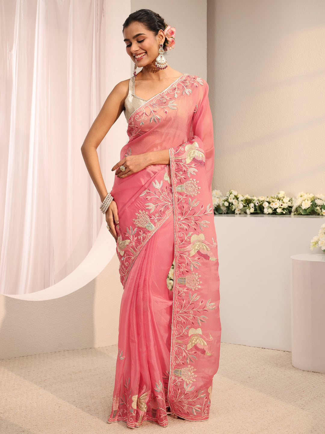 Coral Floral Embroidered Organza Saree With Unstitched Blouse Piece