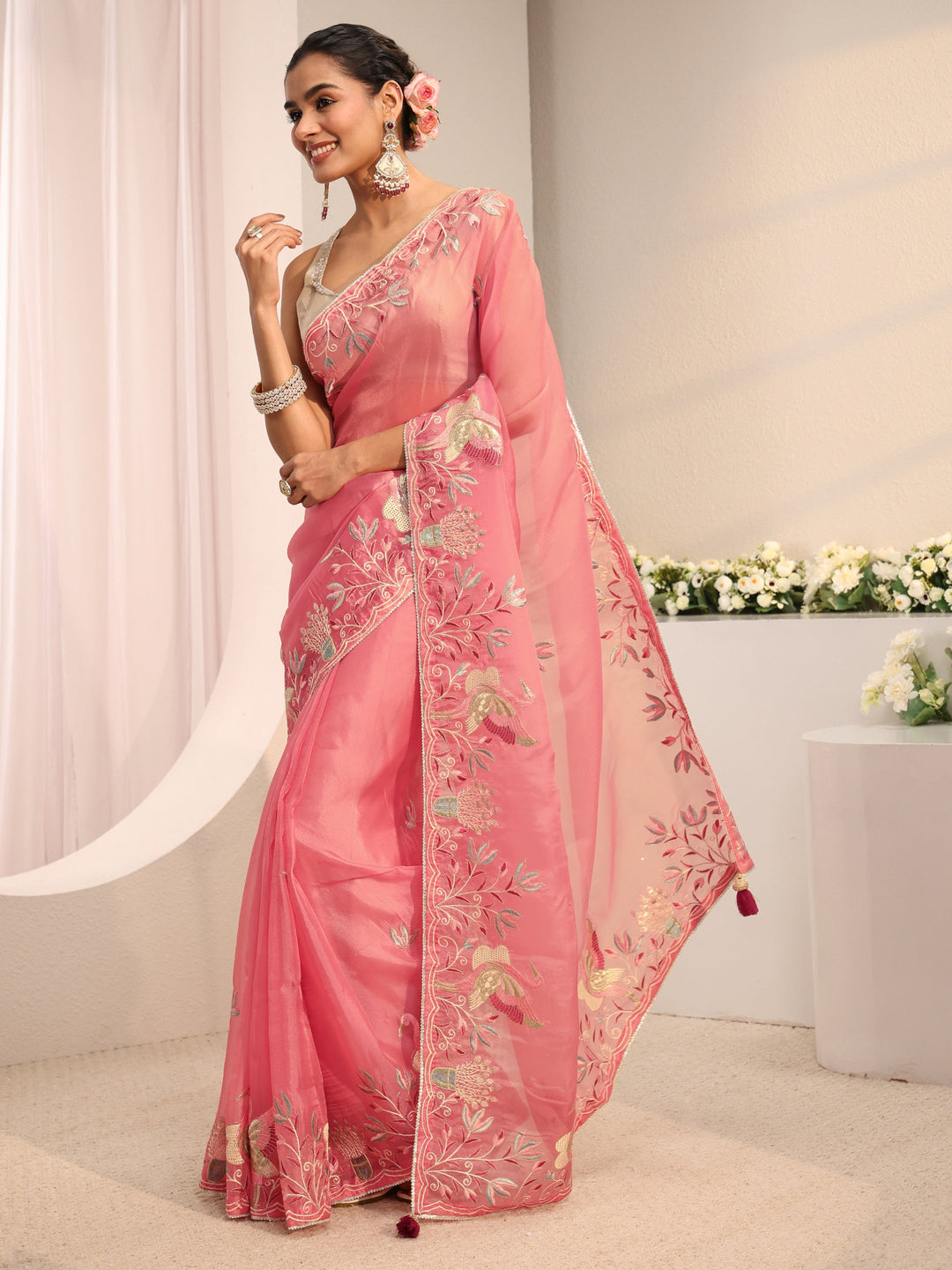 Coral Floral Embroidered Organza Saree With Unstitched Blouse Piece