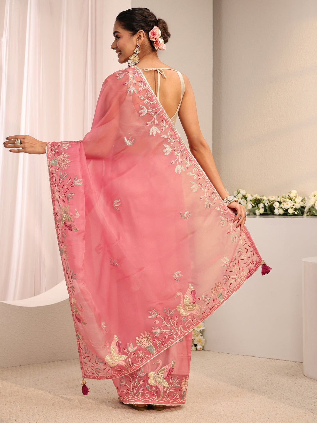 Coral Floral Embroidered Organza Saree With Unstitched Blouse Piece