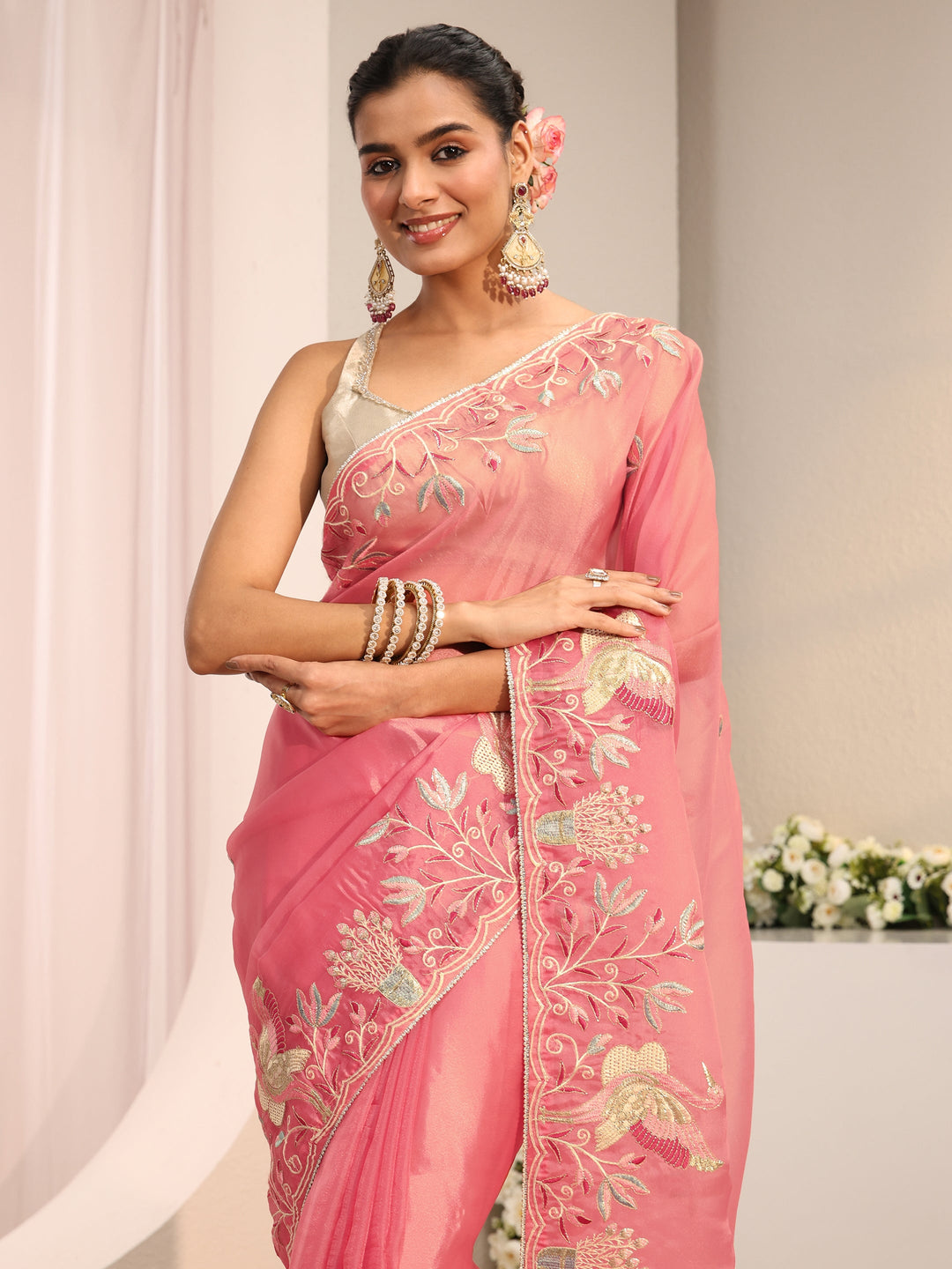 Coral Floral Embroidered Organza Saree With Unstitched Blouse Piece