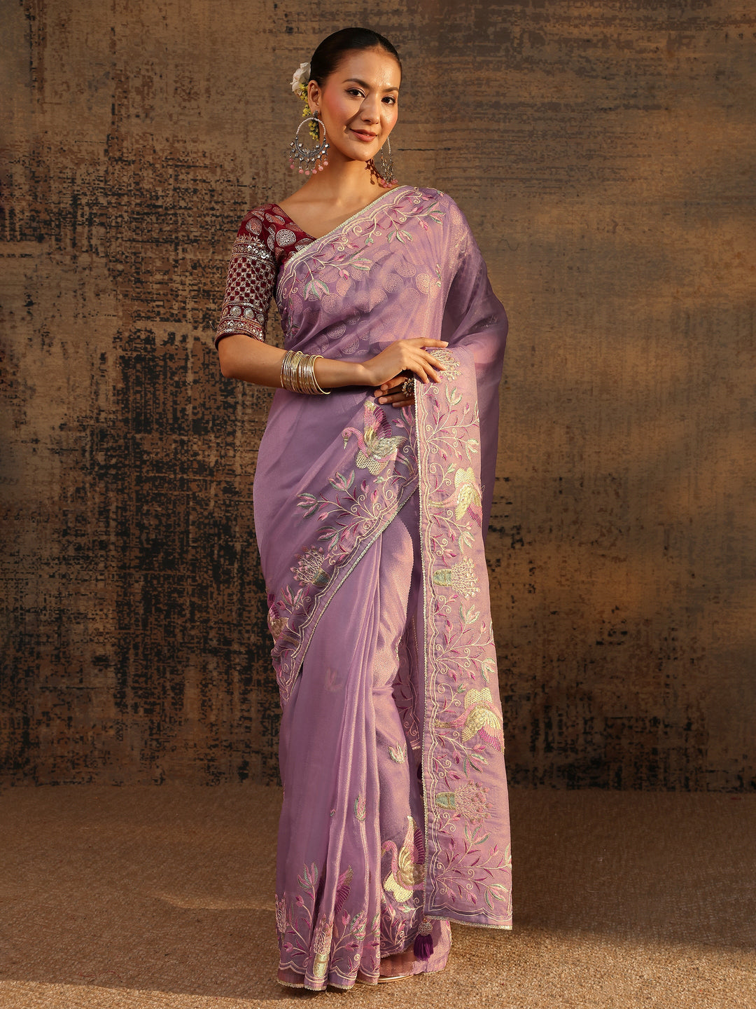Purple Floral Embroidered Organza Saree With Unstitched Blouse Piece