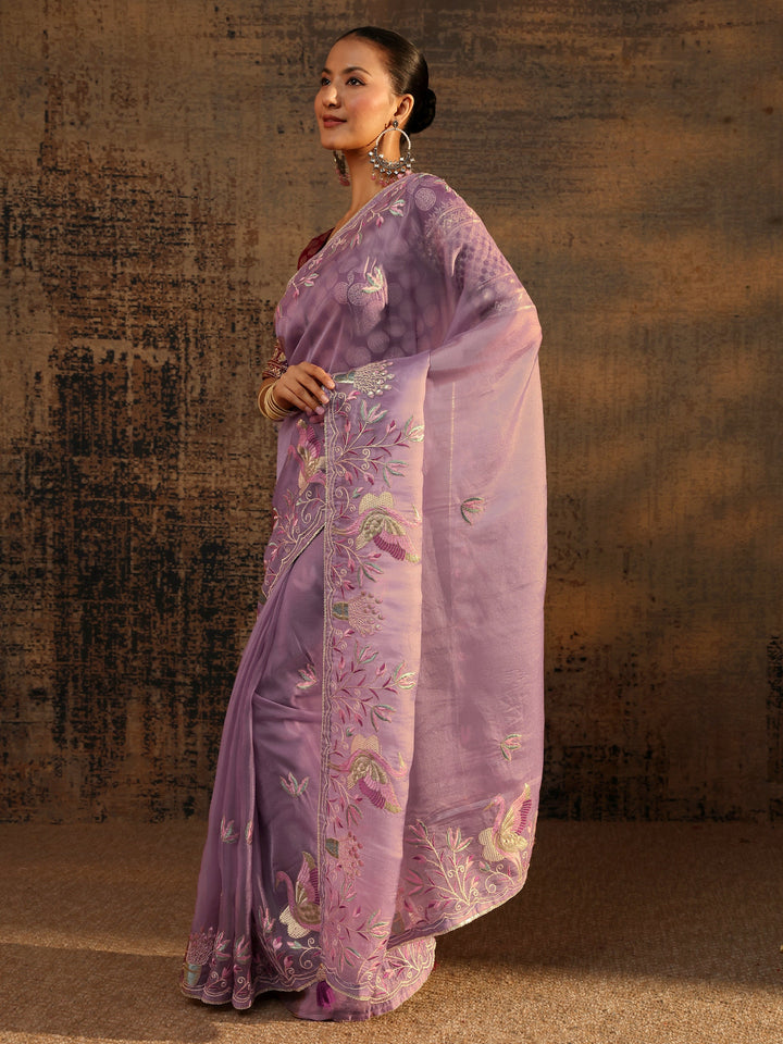 Purple Floral Embroidered Organza Saree With Unstitched Blouse Piece