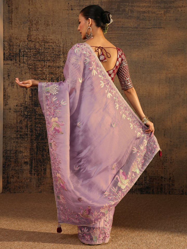 Purple Floral Embroidered Organza Saree With Unstitched Blouse Piece