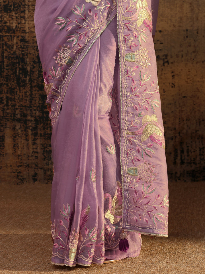 Purple Floral Embroidered Organza Saree With Unstitched Blouse Piece