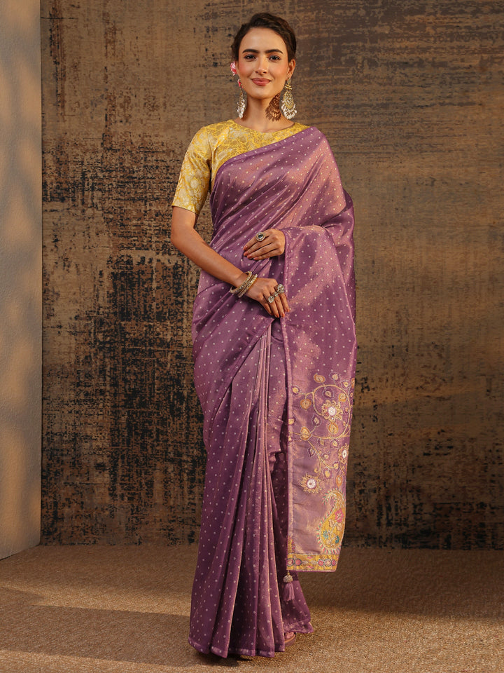 Purple Floral Embroidered Tissue Saree With Unstitched Blouse Piece