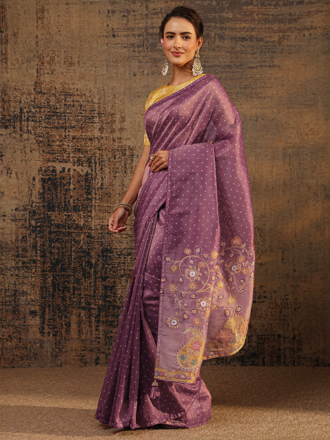 Purple Floral Embroidered Tissue Saree With Unstitched Blouse Piece