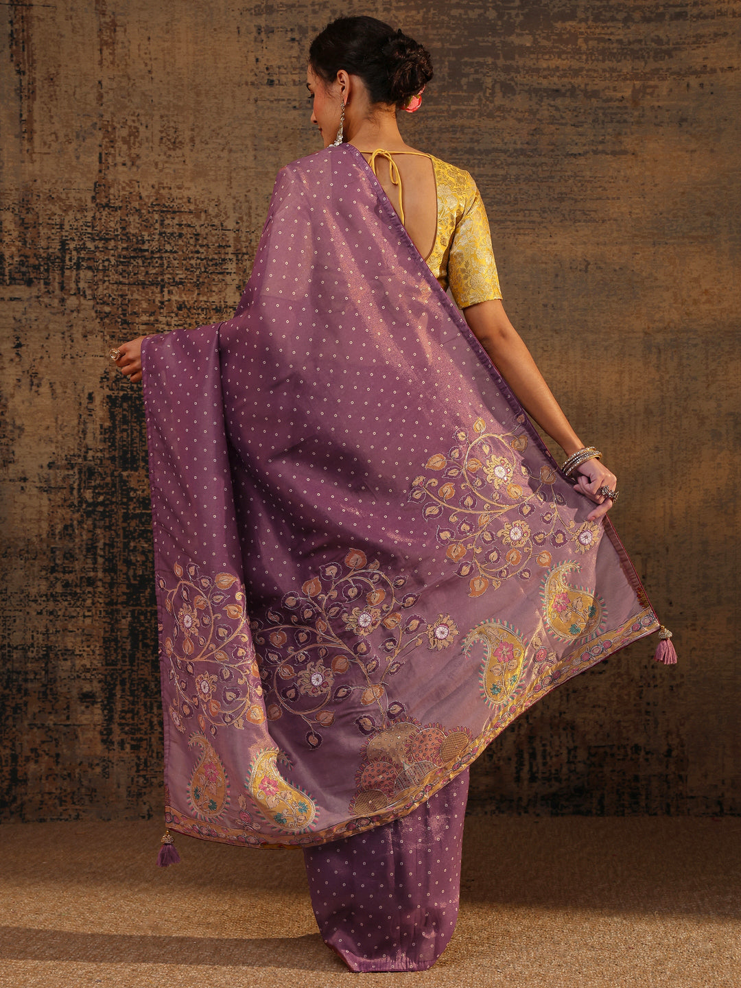 Purple Floral Embroidered Tissue Saree With Unstitched Blouse Piece
