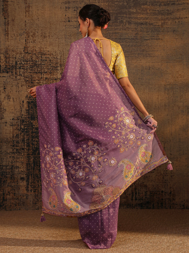Purple Floral Embroidered Tissue Saree With Unstitched Blouse Piece