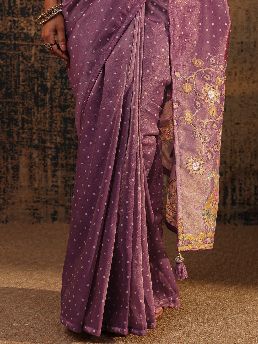 Purple Floral Embroidered Tissue Saree With Unstitched Blouse Piece