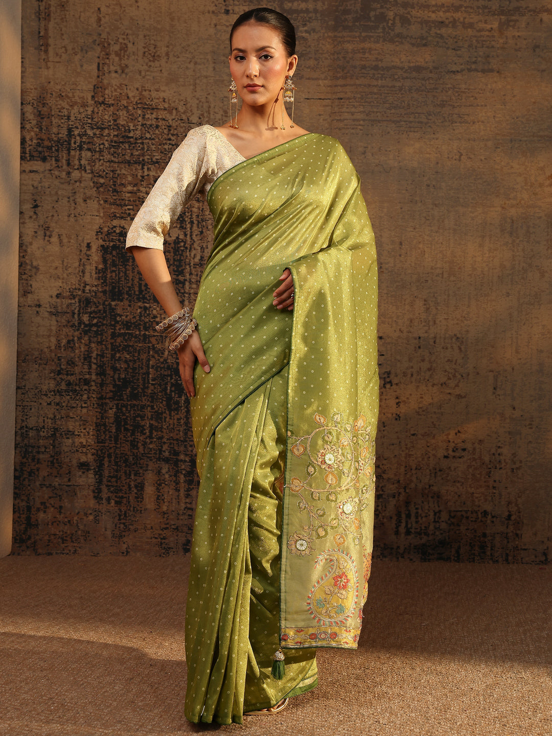 Green Floral Embroidered Tissue Saree With Unstitched Blouse Piece