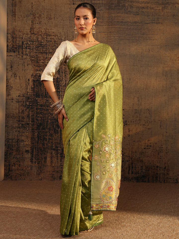 Green Floral Embroidered Tissue Saree With Unstitched Blouse Piece