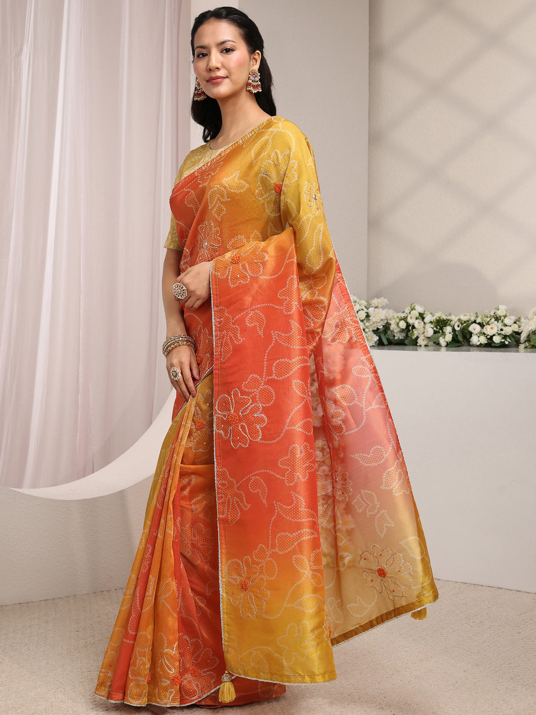 Orange Bandhani Printed Ombre Tissue Saree With Unstitched Blouse Piece