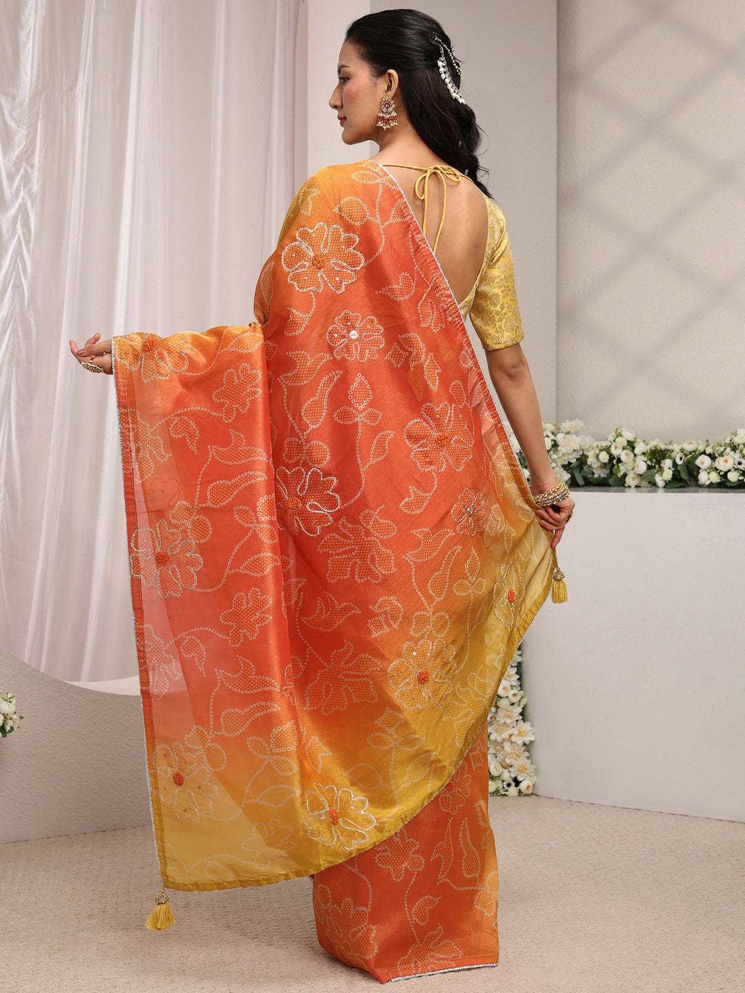 Orange Bandhani Printed Ombre Tissue Saree With Unstitched Blouse Piece