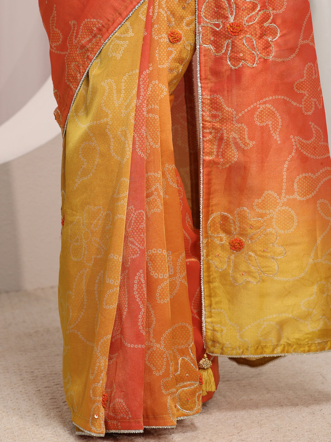 Orange Bandhani Printed Ombre Tissue Saree With Unstitched Blouse Piece