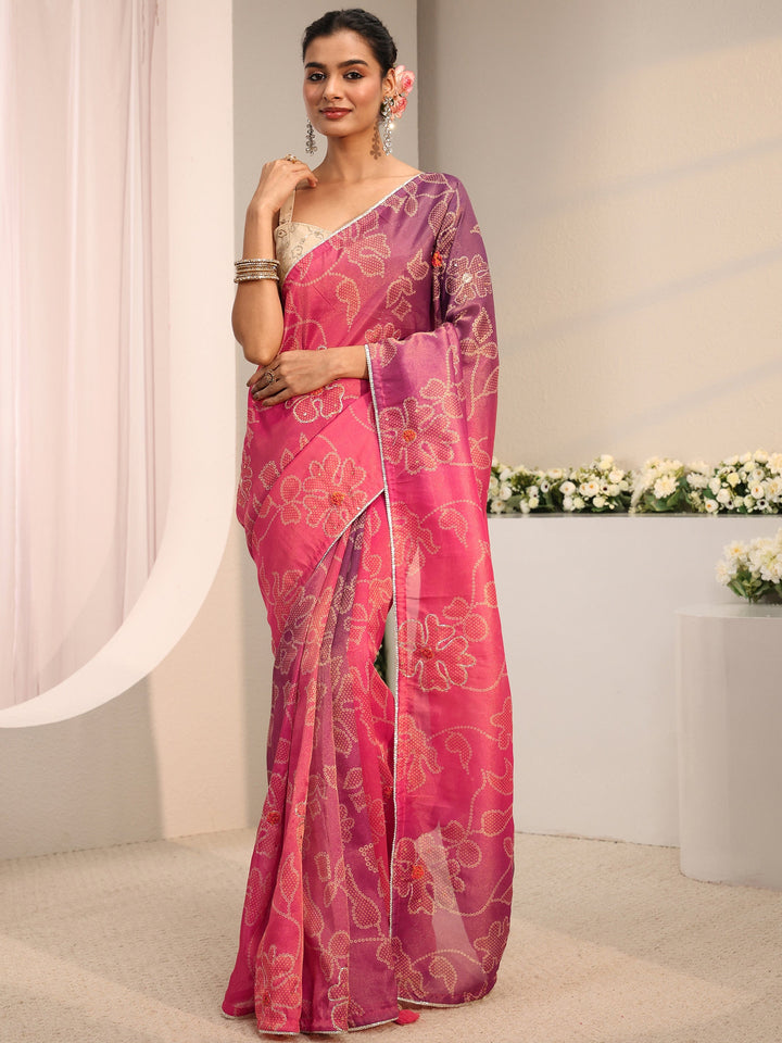 Pink Bandhani Printed Ombre Tissue Saree With Unstitched Blouse Piece
