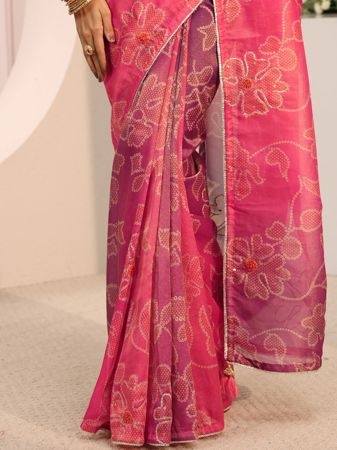 Pink Bandhani Printed Ombre Tissue Saree With Unstitched Blouse Piece