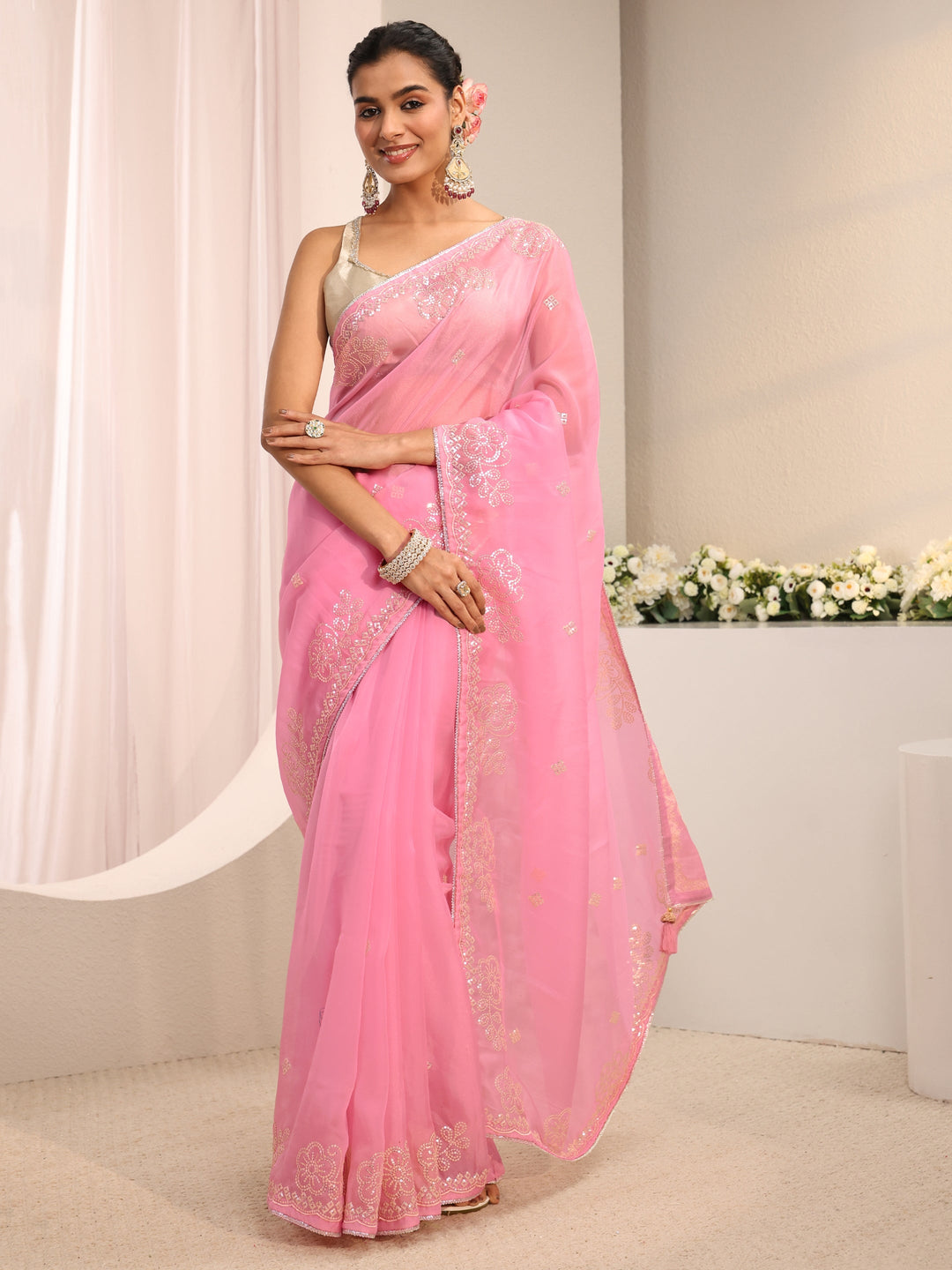 Pink Floral Embellished Tissue Saree With Unstitched Blouse Piece