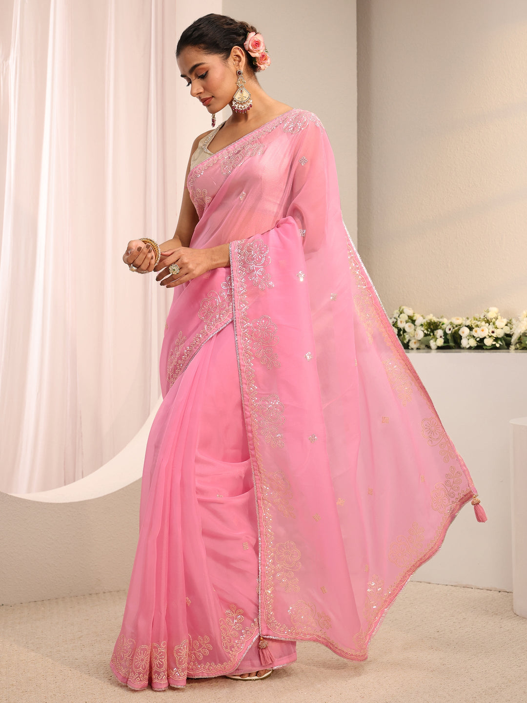 Pink Floral Embellished Tissue Saree With Unstitched Blouse Piece