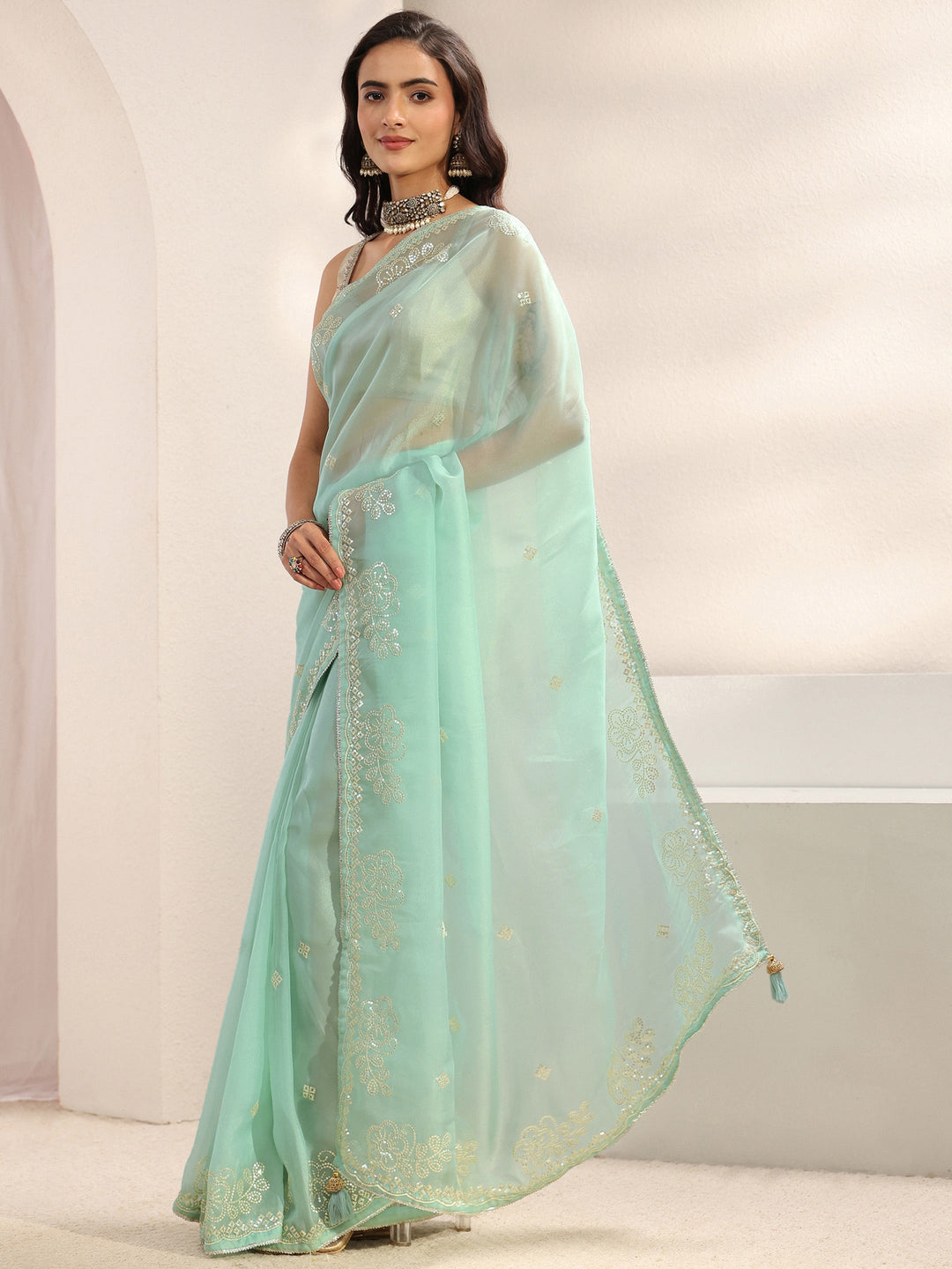 Blue Ethnic Embellished Tissue Saree With Unstitched Blouse Piece
