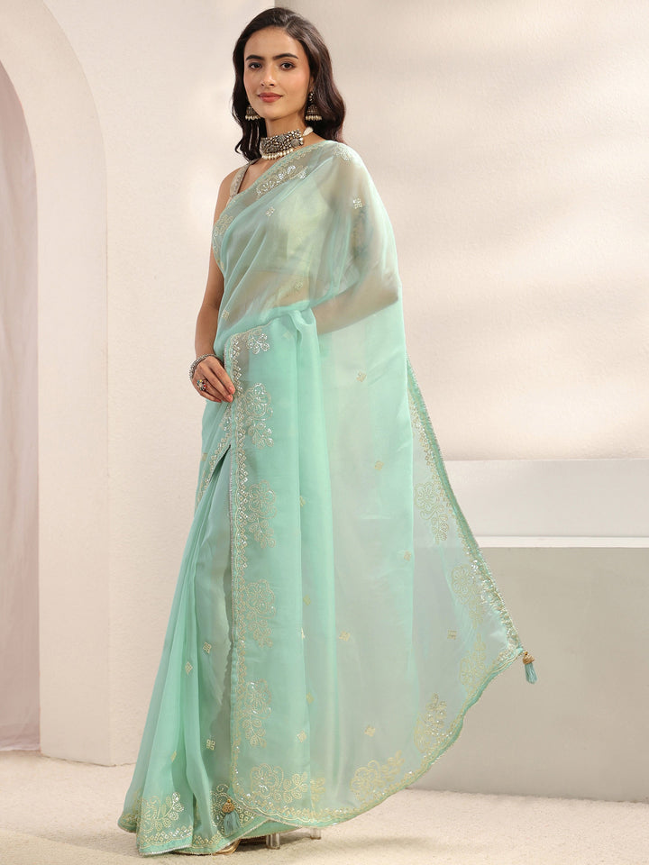 Blue Ethnic Embellished Tissue Saree With Unstitched Blouse Piece