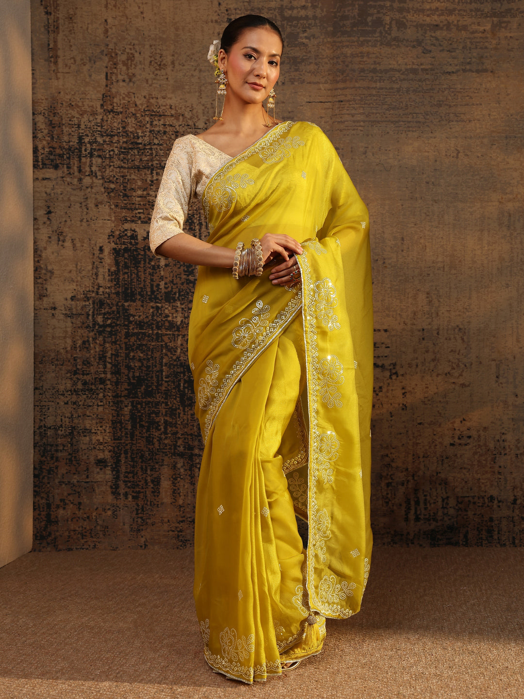 Mustard Ethnic Motifs Embellished Tissue Saree With Unstitched Blouse Piece
