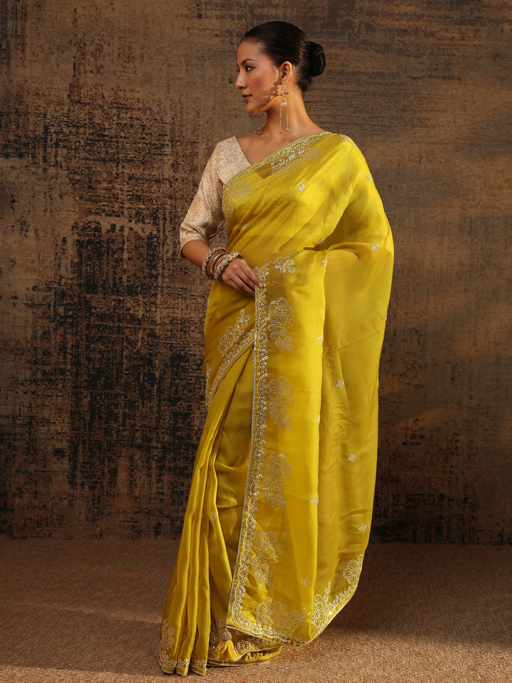 Mustard Ethnic Motifs Embellished Tissue Saree With Unstitched Blouse Piece