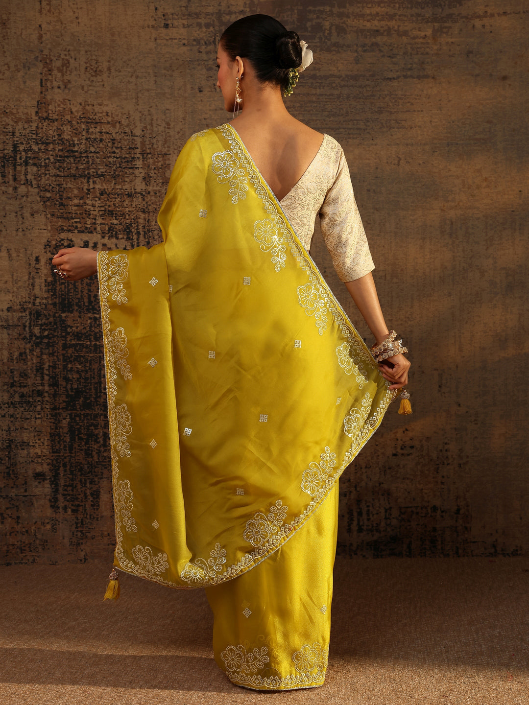 Mustard Ethnic Motifs Embellished Tissue Saree With Unstitched Blouse Piece
