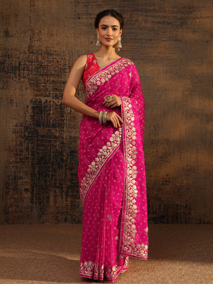 Pink Floral Printed Tissue Saree With Unstitched Blouse Piece