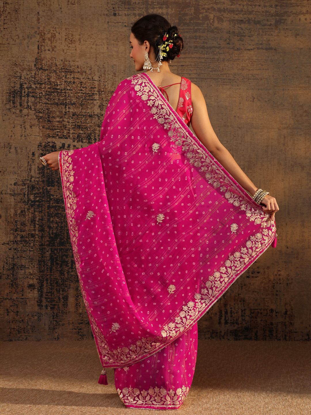 Pink Floral Printed Tissue Saree With Unstitched Blouse Piece