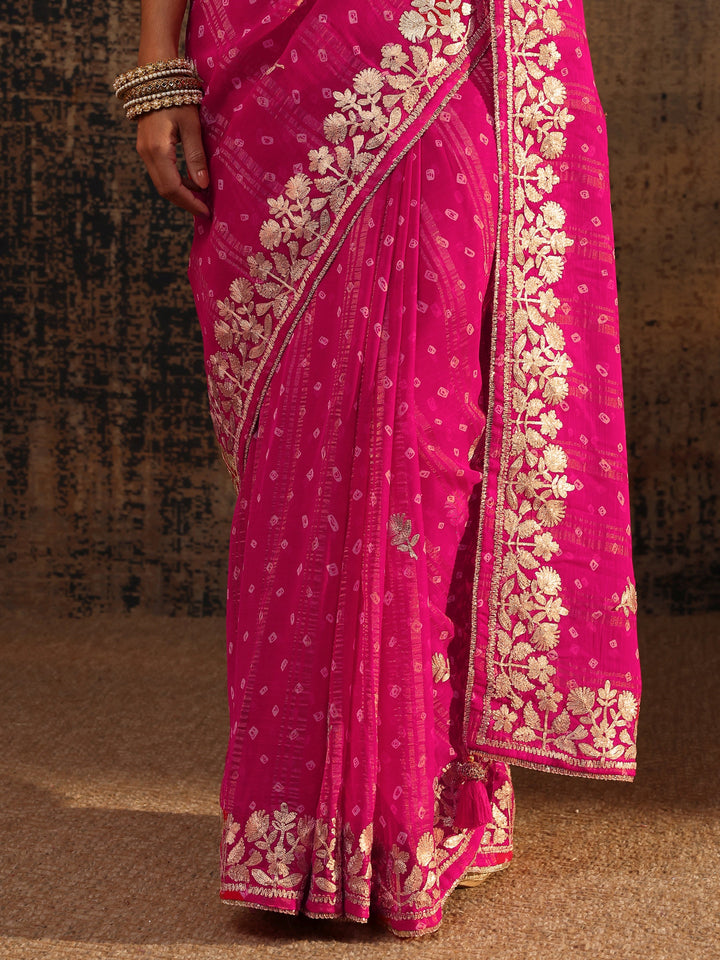 Pink Floral Printed Tissue Saree With Unstitched Blouse Piece
