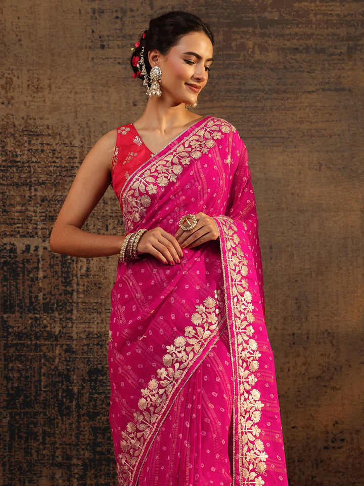 Pink Floral Printed Tissue Saree With Unstitched Blouse Piece