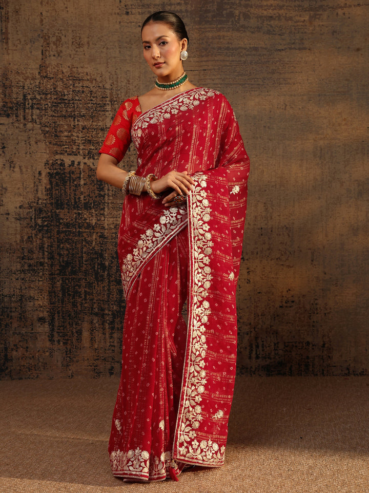 Red Floral Printed Tissue Saree With Unstitched Blouse Piece