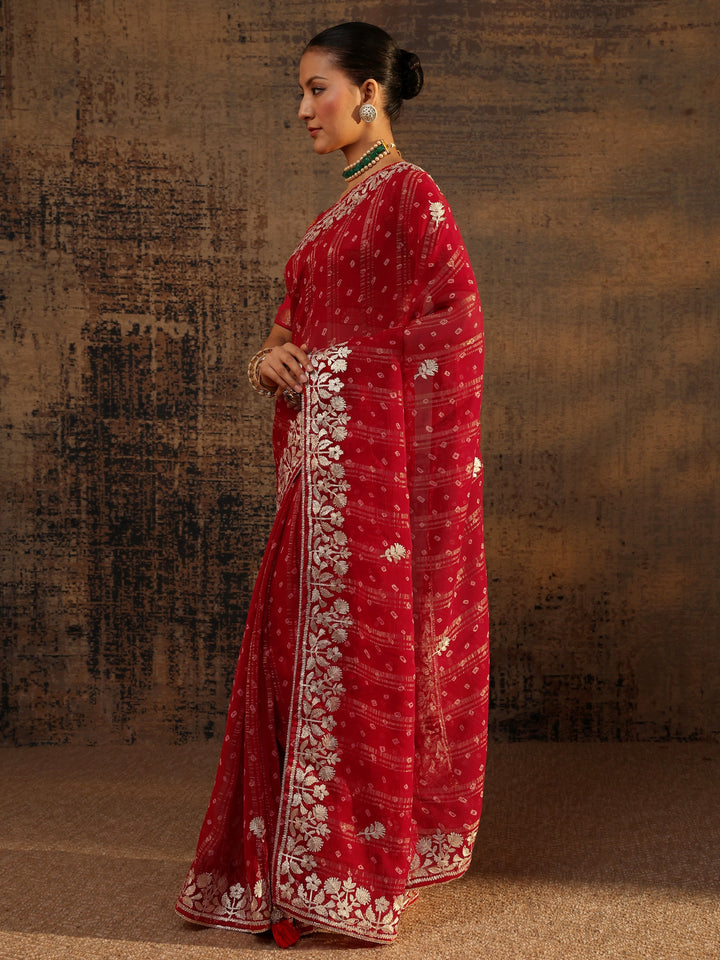 Red Floral Printed Tissue Saree With Unstitched Blouse Piece