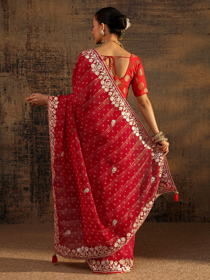 Red Floral Printed Tissue Saree With Unstitched Blouse Piece