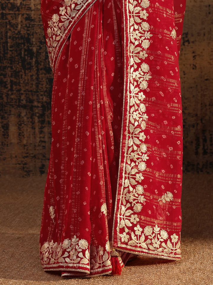 Red Floral Printed Tissue Saree With Unstitched Blouse Piece