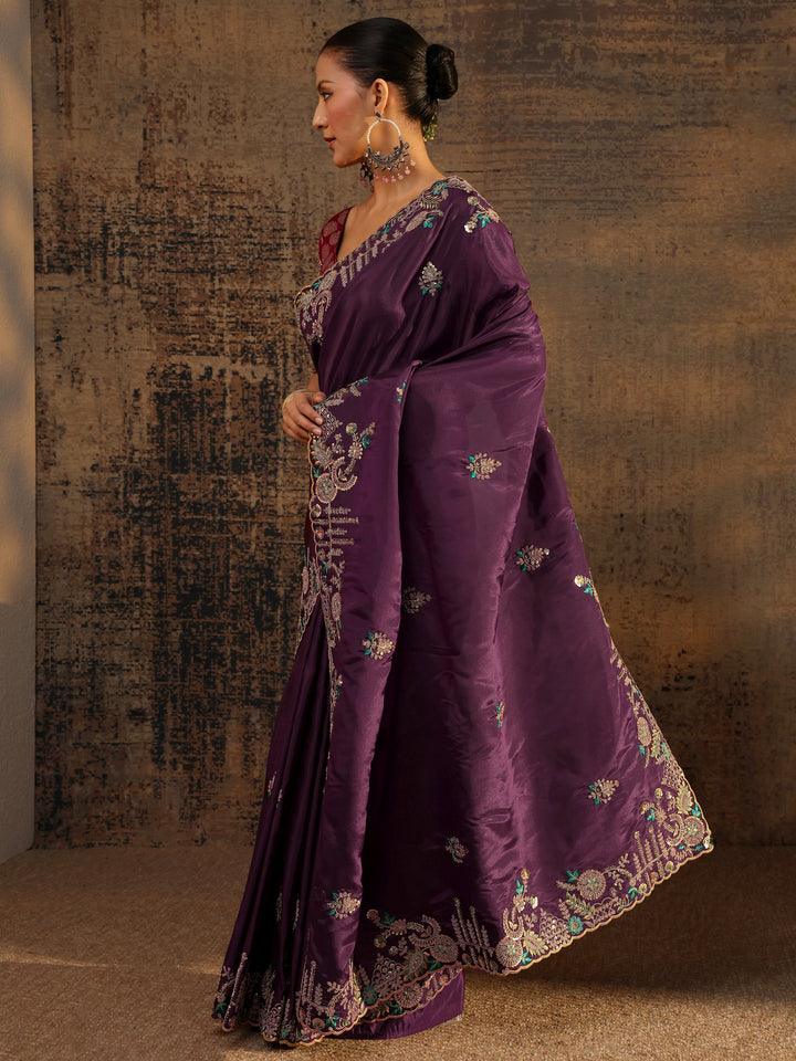 Libas Art Purple Floral Embroidered Tissue Saree With Unstitched Blouse Piece