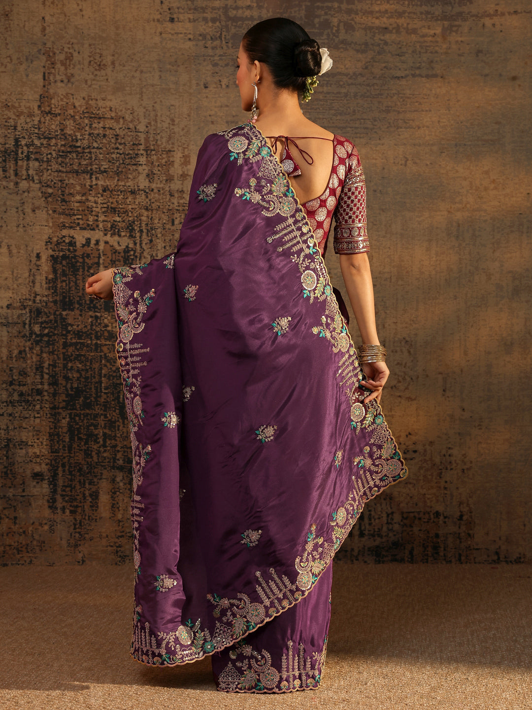 Libas Art Purple Floral Embroidered Tissue Saree With Unstitched Blouse Piece