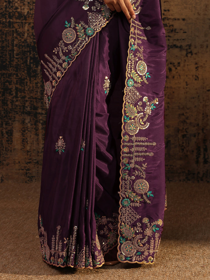 Libas Art Purple Floral Embroidered Tissue Saree With Unstitched Blouse Piece