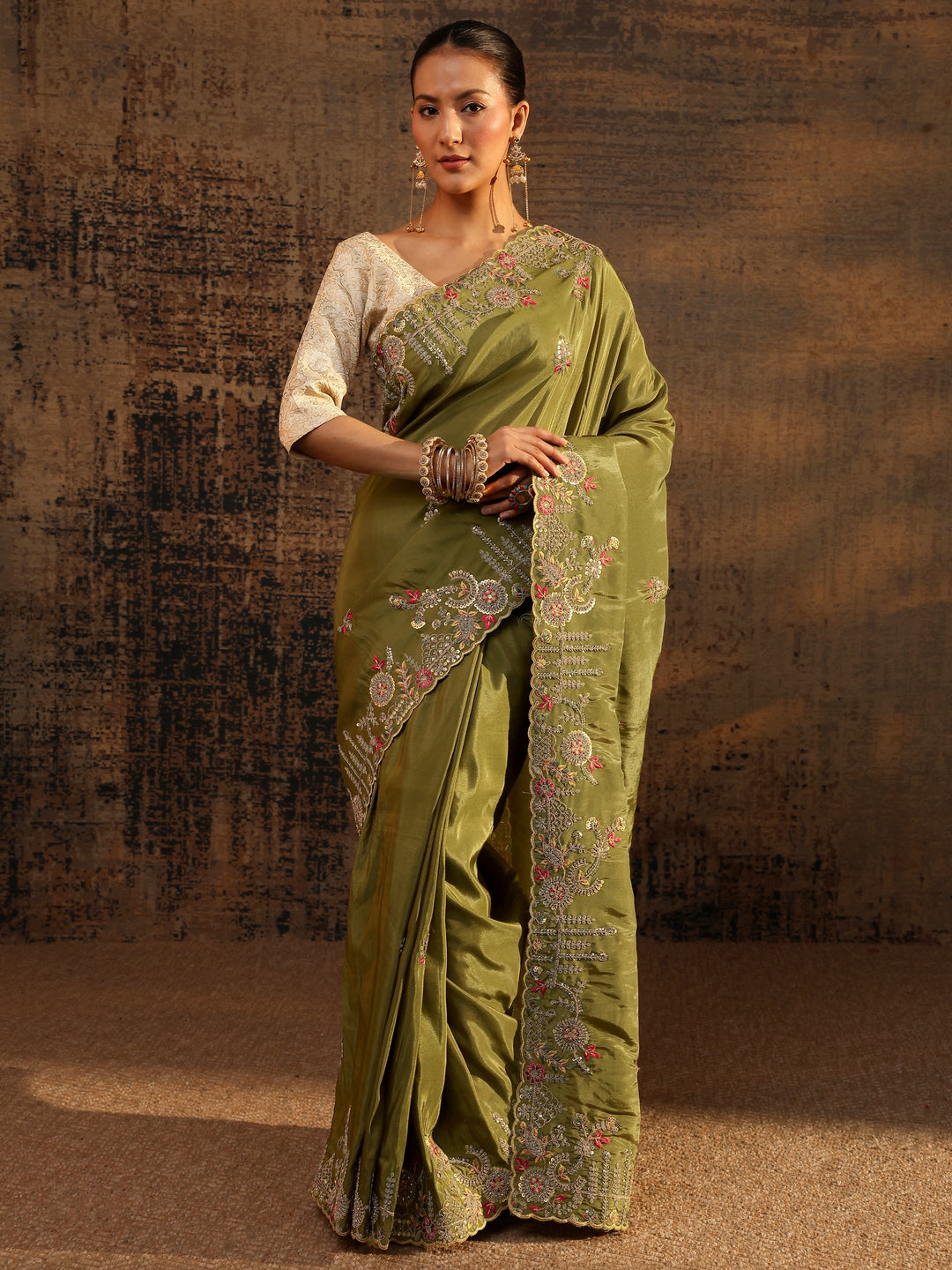 Libas Art Green Floral Embroidered Tissue Saree With Unstitched Blouse Piece