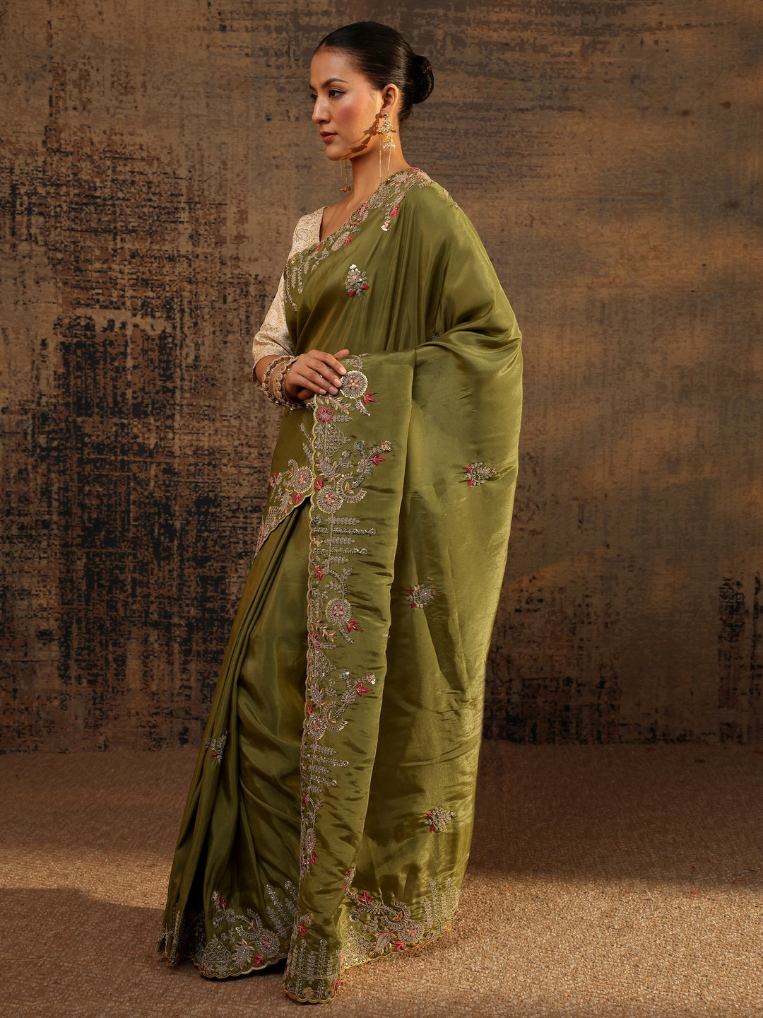 Libas Art Green Floral Embroidered Tissue Saree With Unstitched Blouse Piece
